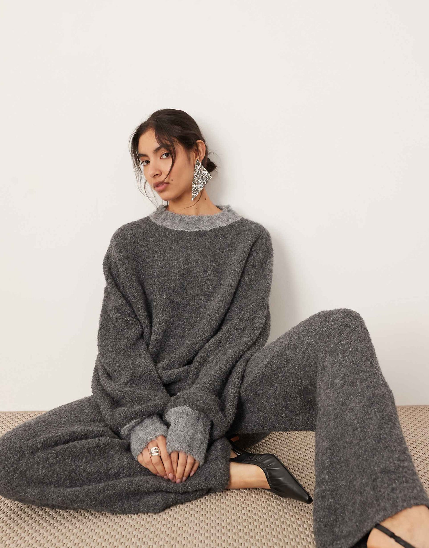 Boucle Knit Oversized Jumper Co-Ord With Contrast Neck