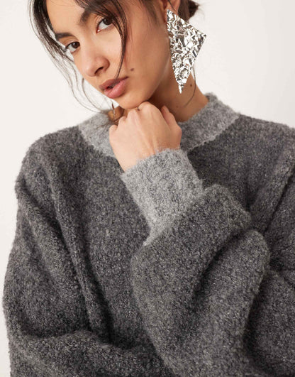 Boucle Knit Oversized Jumper Co-Ord With Contrast Neck