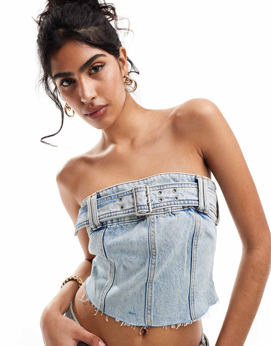 Belt Detail Denim Corset Top Co-Ord
