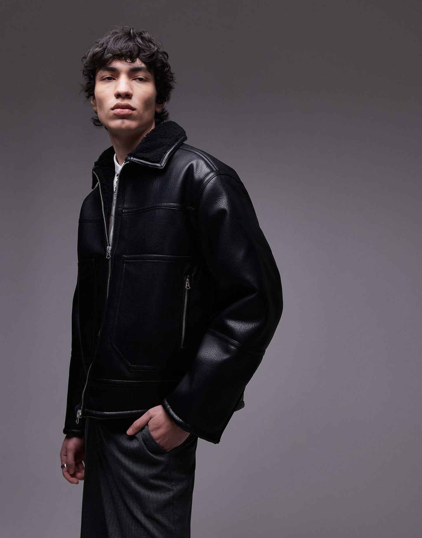 Faux Leather Shearling Jacket With Pocket Detail