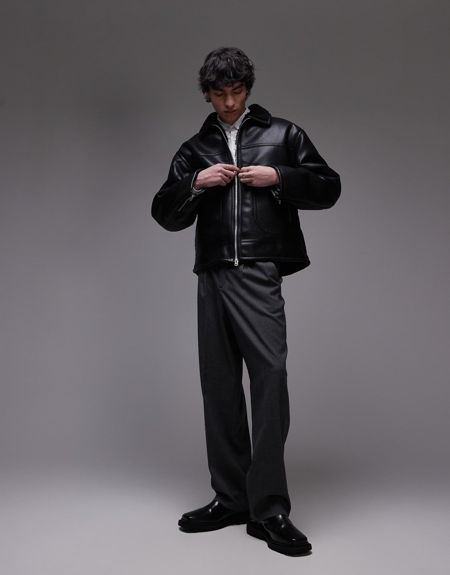 Faux Leather Shearling Jacket With Pocket Detail
