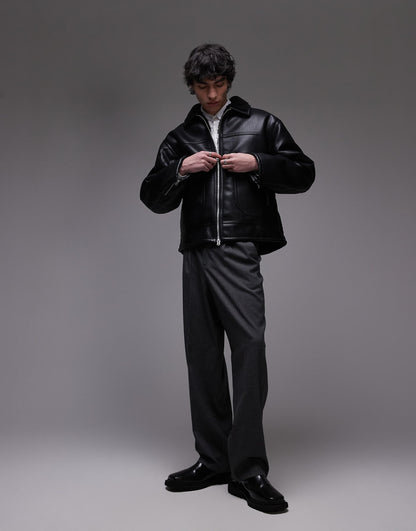 Faux Leather Shearling Jacket With Pocket Detail