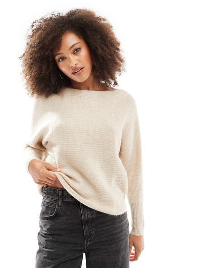Ribbed Wide Neck Knitted Jumper