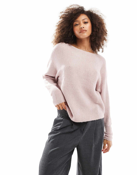 Ribbed Wide Neck Knitted Jumper