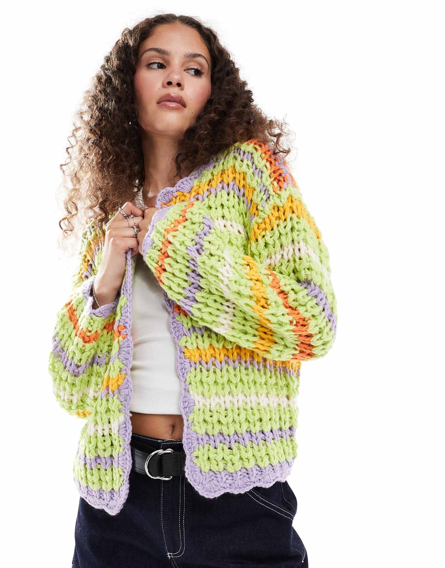 Open Knit Bright Green Stripe Cardigan
