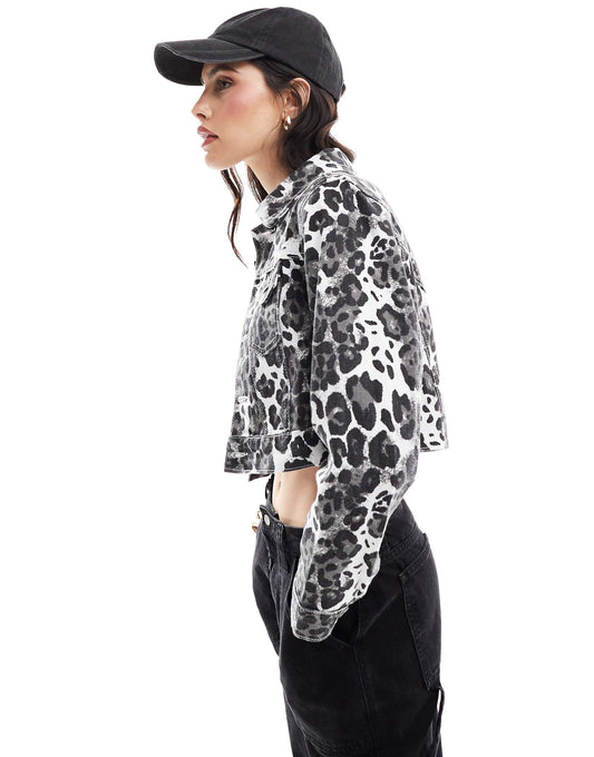 Leopard Print Fitted Denim Jacket