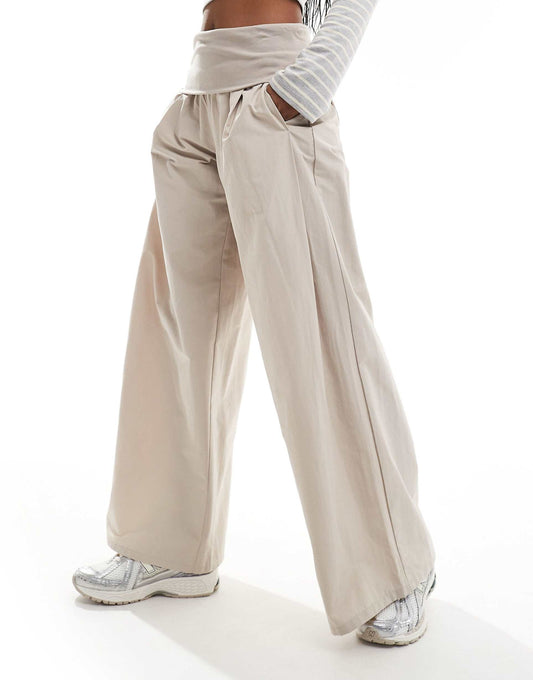 Poplin Fold Over Wide Leg Trousers