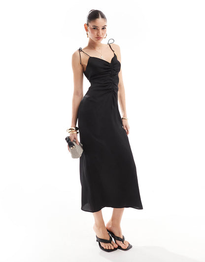 Ruched Front Satin Maxi Dress