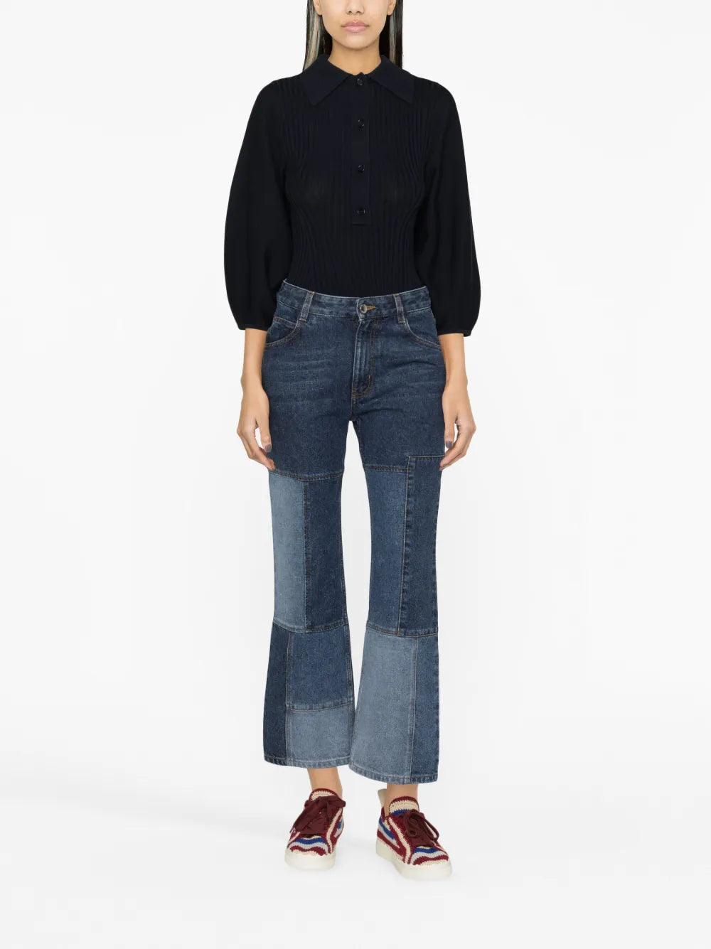 Patchwork Cropped Flared Jeans