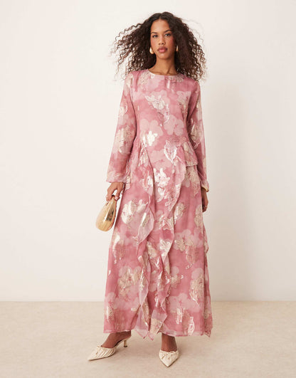 Tendril Hem Metallic Floral Maxi Dress