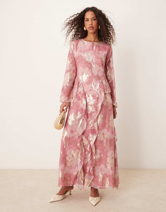 Tendril Hem Metallic Floral Maxi Dress