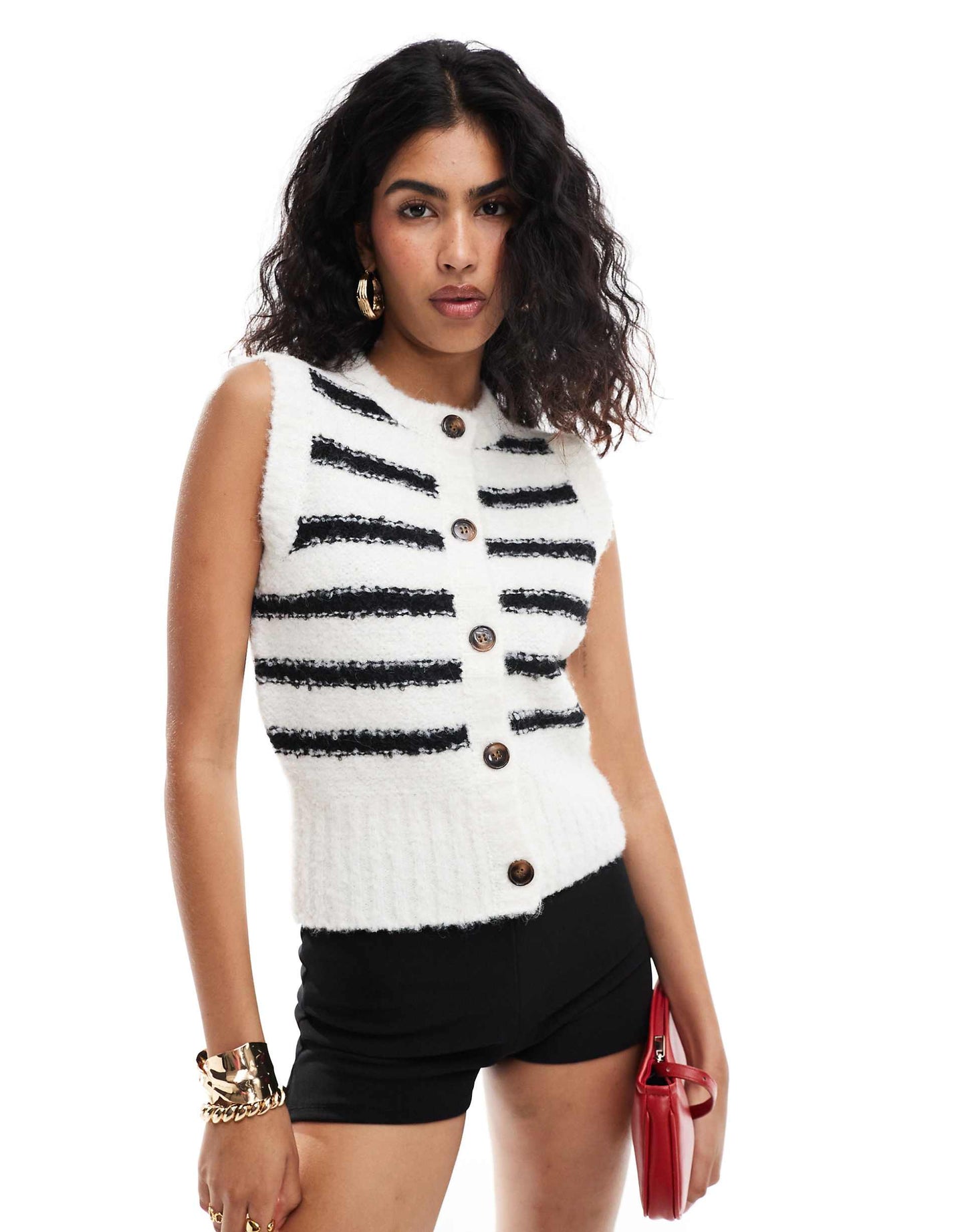 Fluffy Knit Button Through Sleeveless Top