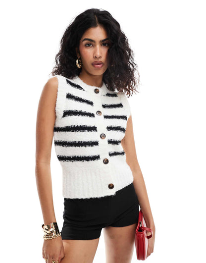 Fluffy Knit Button Through Sleeveless Top