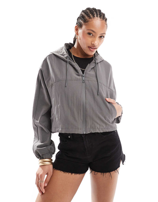 Cropped Boxy Nylon Look Hooded Jacket