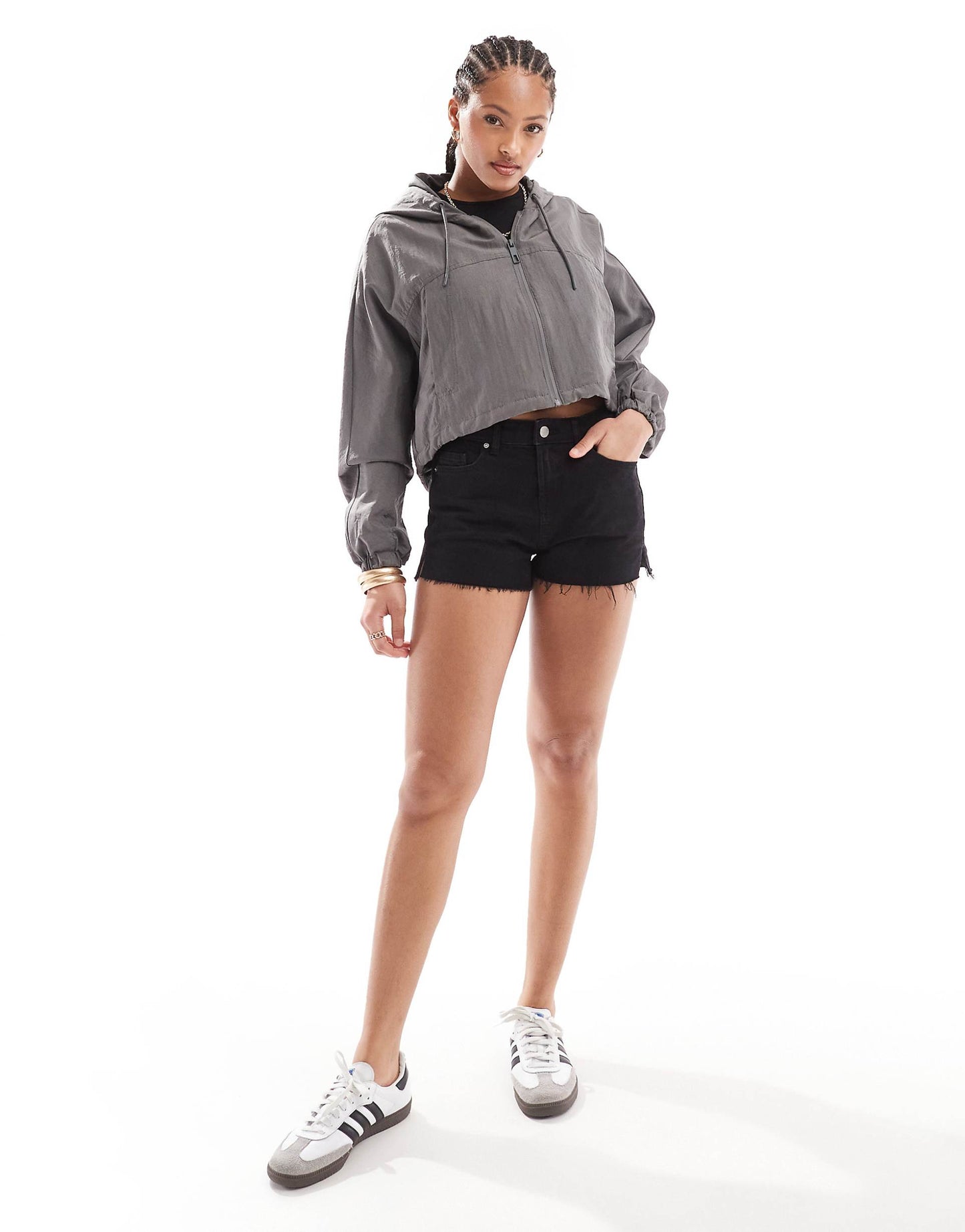 Cropped Boxy Nylon Look Hooded Jacket