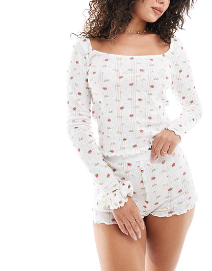 Pointelle Long Sleeve Top & Short Pyjama Set With Scrunchie