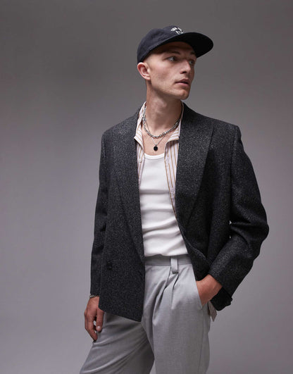 Premium Boxy Wool Mix Salt And Pepper Suit Jacket
