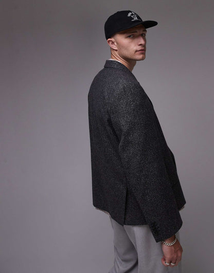Premium Boxy Wool Mix Salt And Pepper Suit Jacket