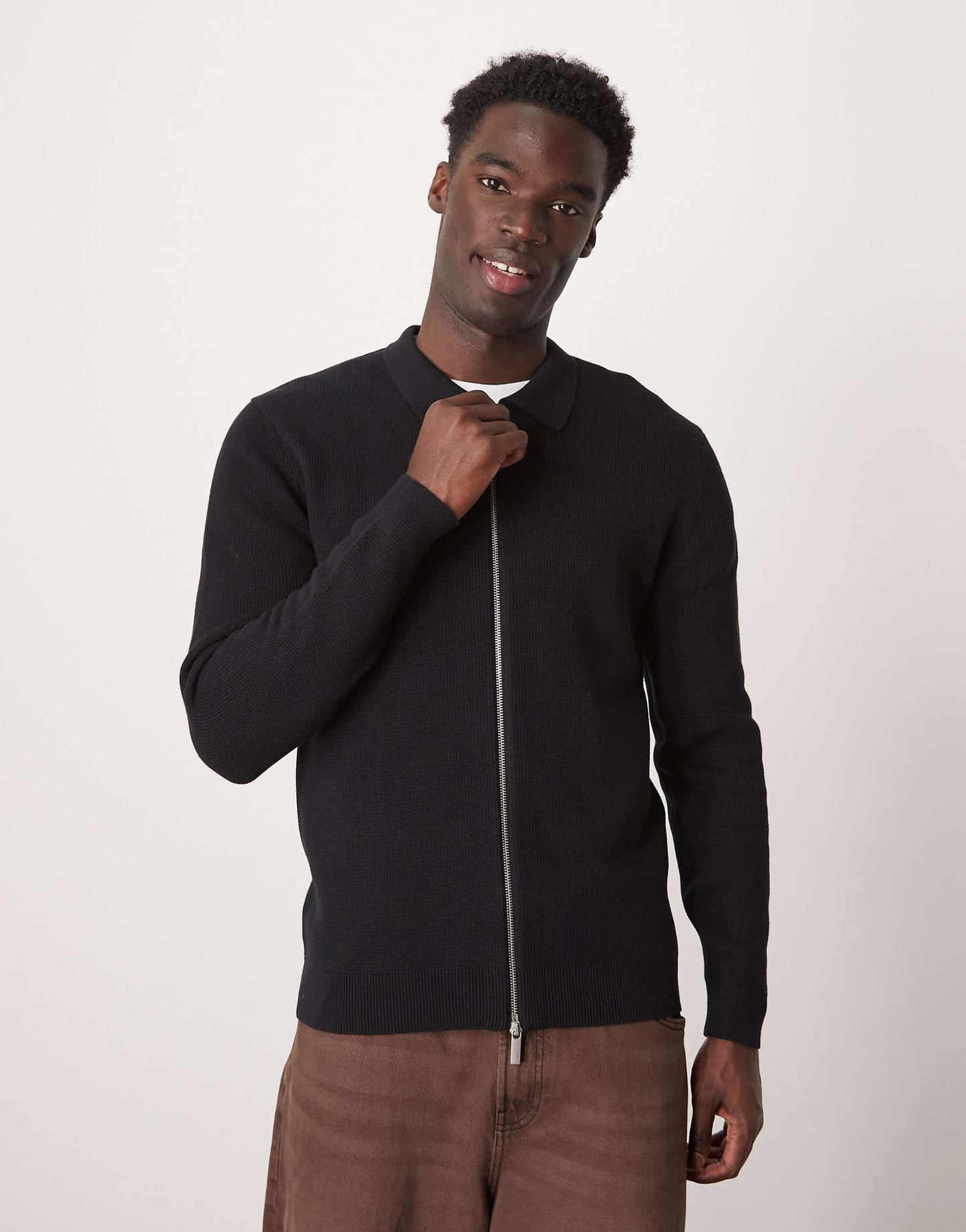 Zip Thru Knitted Long Sleeve Polo Shirt