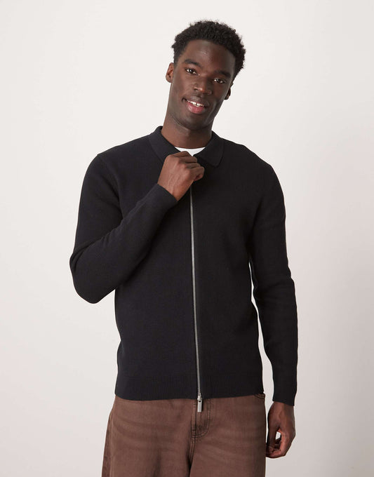 Zip Thru Knitted Long Sleeve Polo Shirt