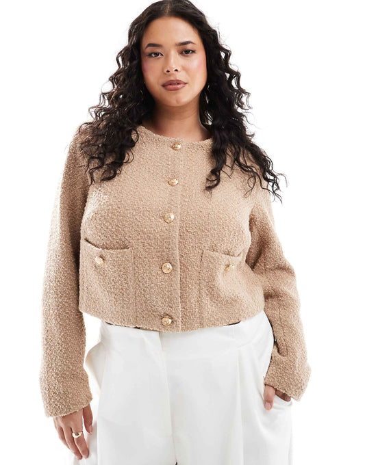 Plus Exclusive Boucle Gold Button Through Cropped Jacket