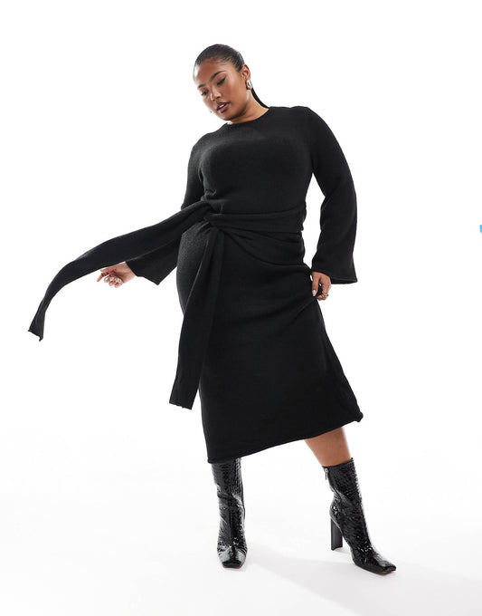 Plus Exclusive Knitted Drape Tie Waist Midi Jumper Dress