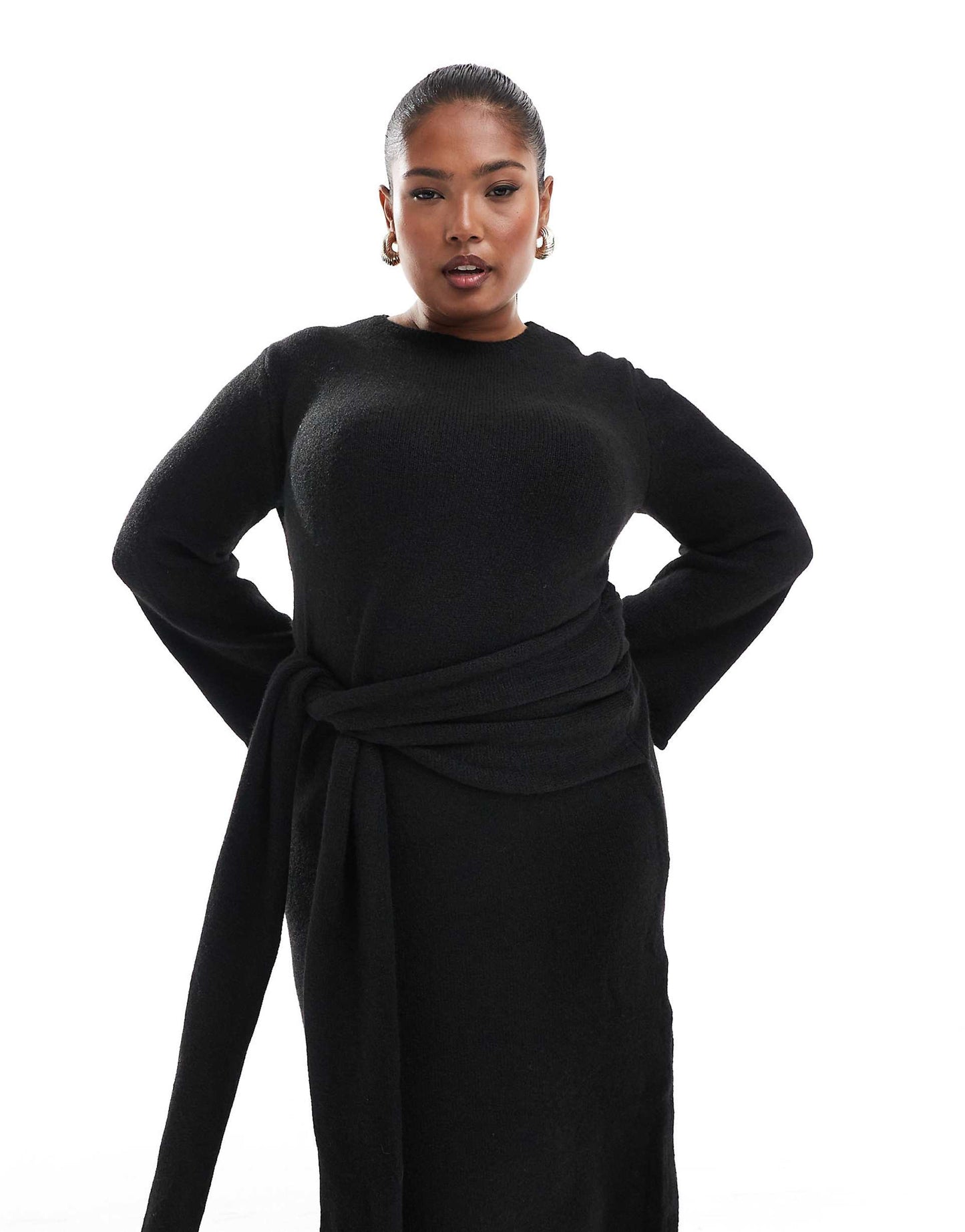 Plus Exclusive Knitted Drape Tie Waist Midi Jumper Dress