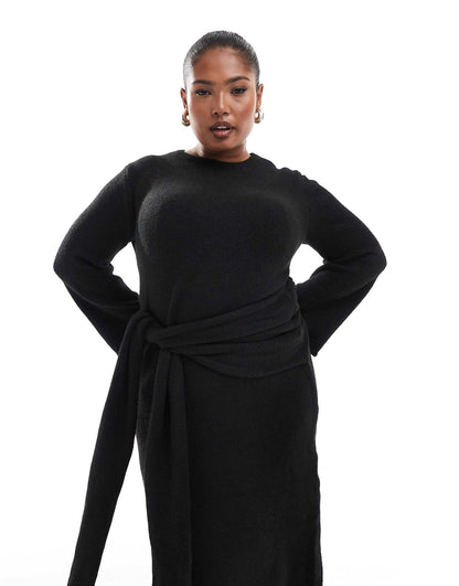 Plus Exclusive Knitted Drape Tie Waist Midi Jumper Dress