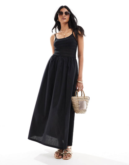 Crochet Bodice Strappy Maxi Dress With Full Poplin Skirt