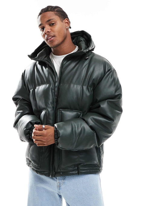 Faux Leather Puffer Jacket With Hood