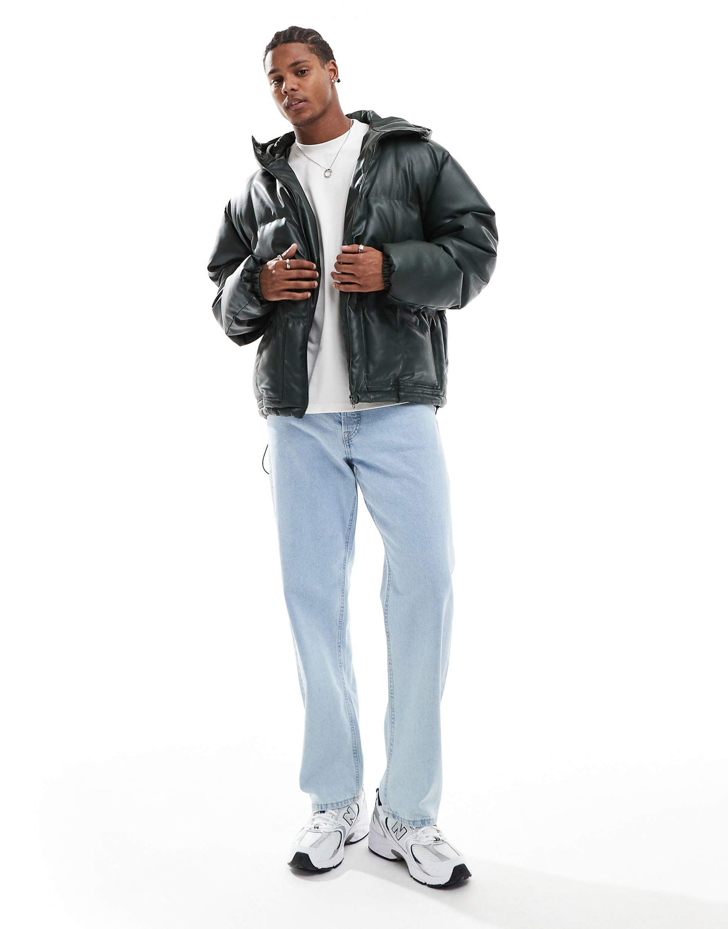 Faux Leather Puffer Jacket With Hood