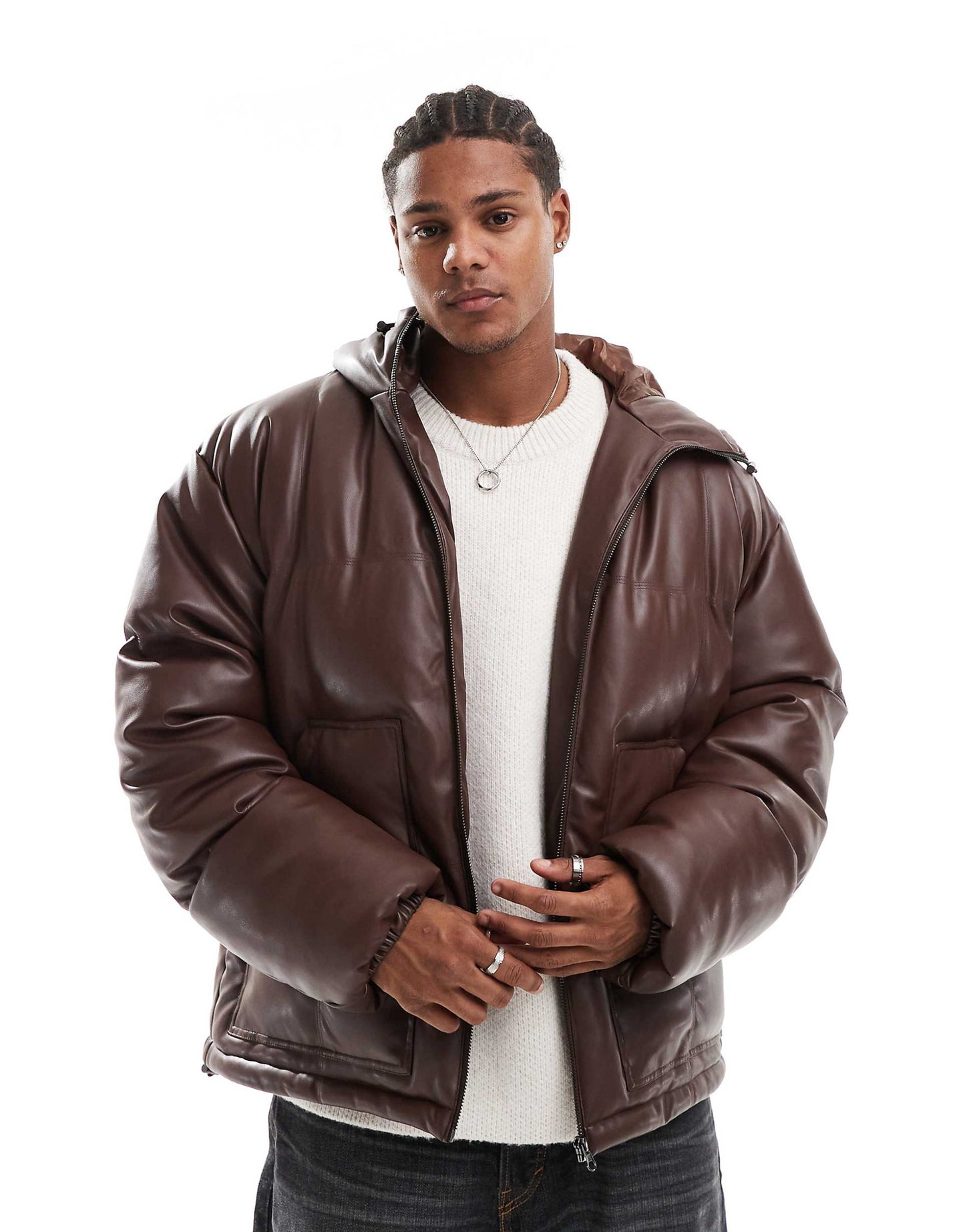Faux Leather Puffer Jacket With Hood