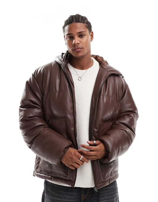 Faux Leather Puffer Jacket With Hood