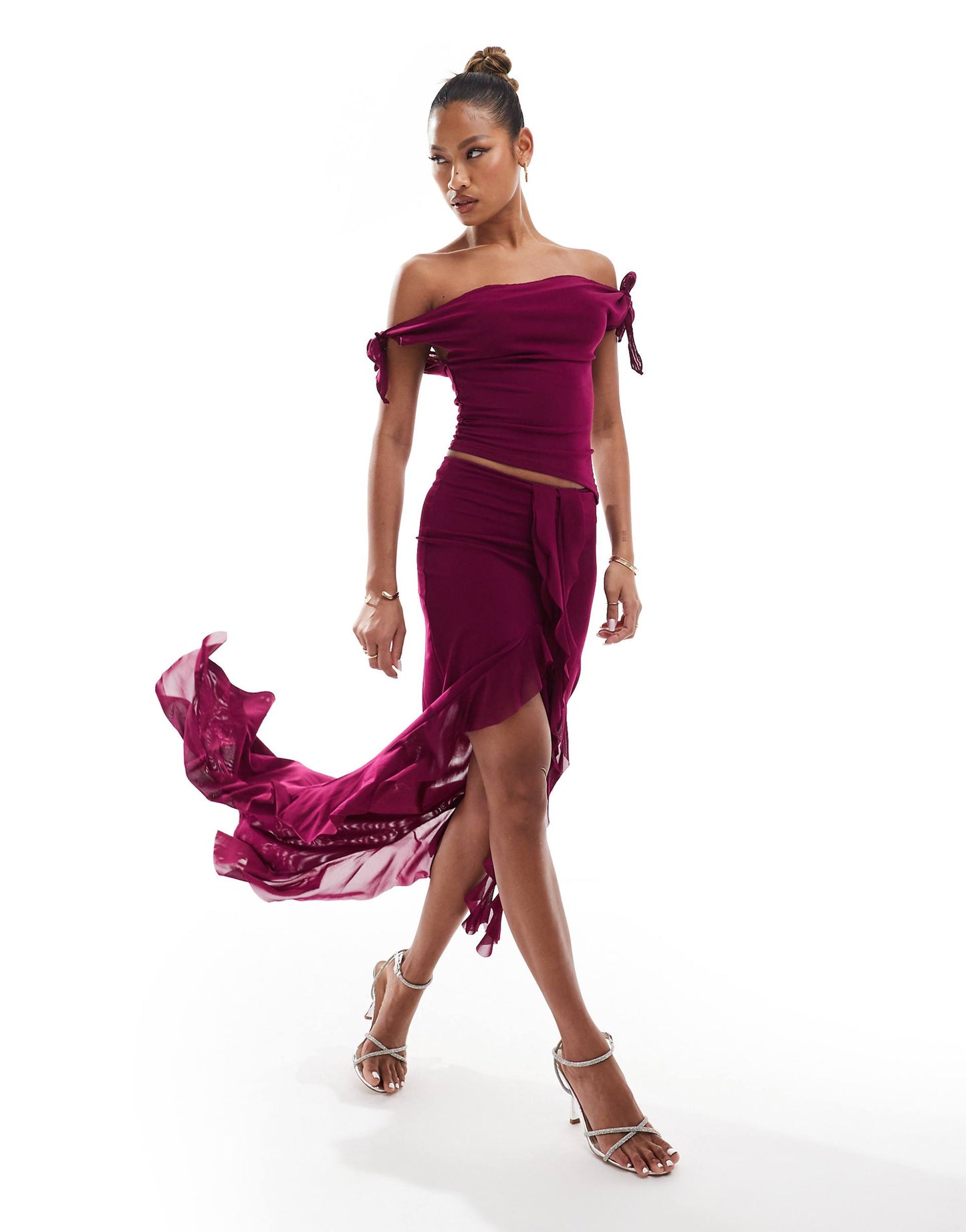 Exclusive Mesh Knot Detail Off Shoulder Top And Ruffle Maxi Skirt Set