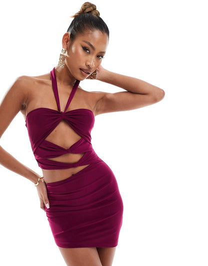 Exclusive Mesh Cut Out Halterneck Mini Dress