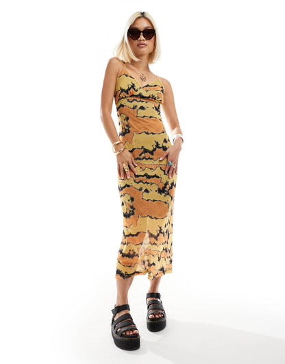 Mesh Overlay Midi Dress