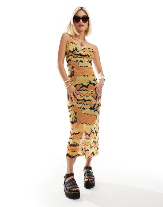 Mesh Overlay Midi Dress
