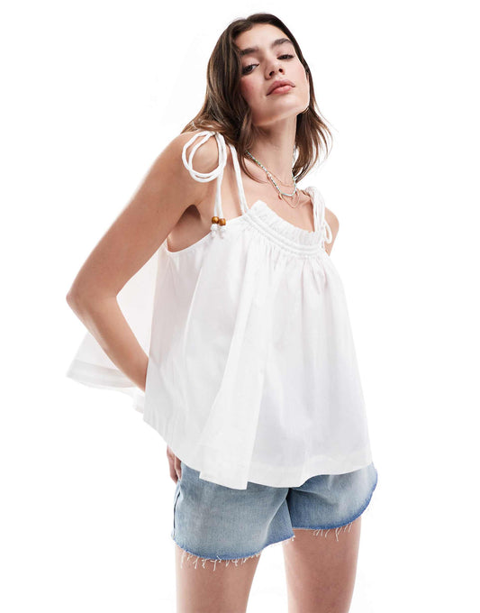 Cotton Swing Cami Top With Beaded Tie Shoulder