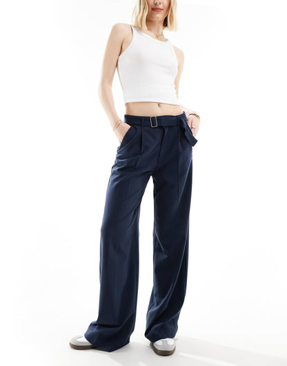 Wide Leg Pleat Tailored Trouser With Belt