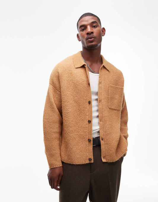 Relaxed Fit Brushed Collared Cardigan