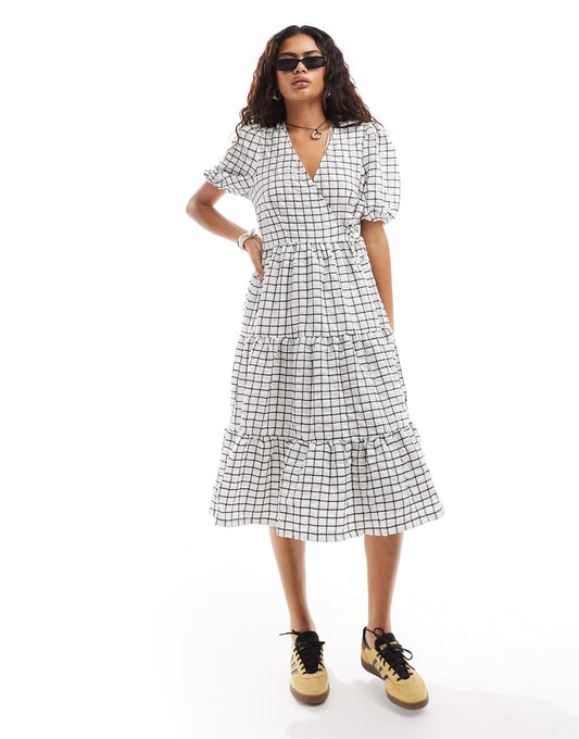 Wrap Midi Smock Dress With Tiered Hem