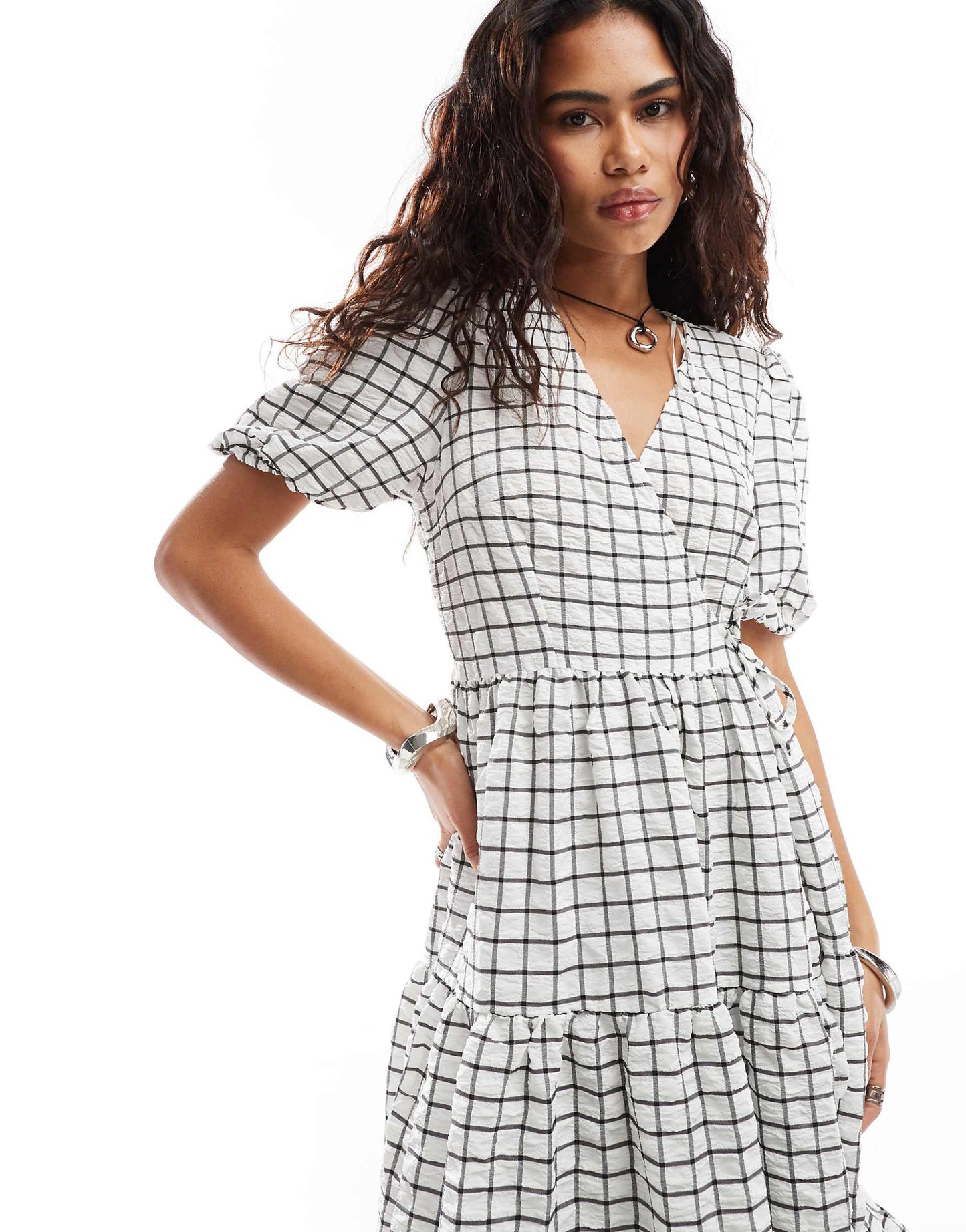 Wrap Midi Smock Dress With Tiered Hem