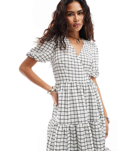 Wrap Midi Smock Dress With Tiered Hem
