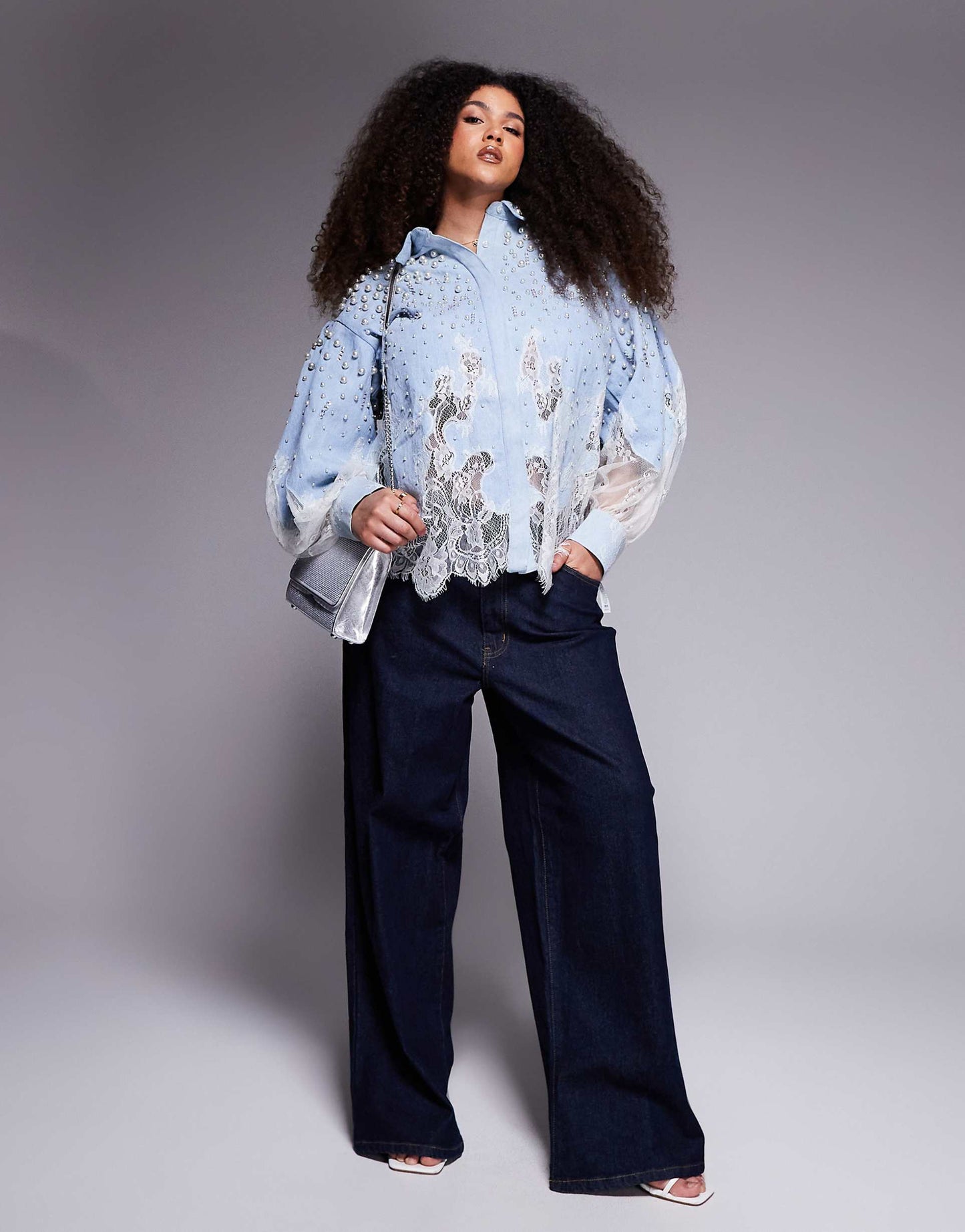 Curve Pearl Embellished Denim Shirt With Lace Details