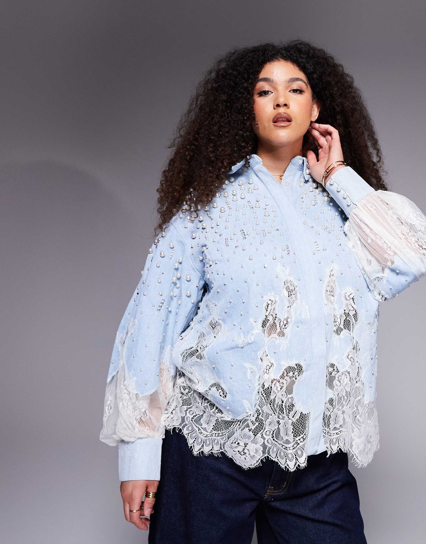 Curve Pearl Embellished Denim Shirt With Lace Details