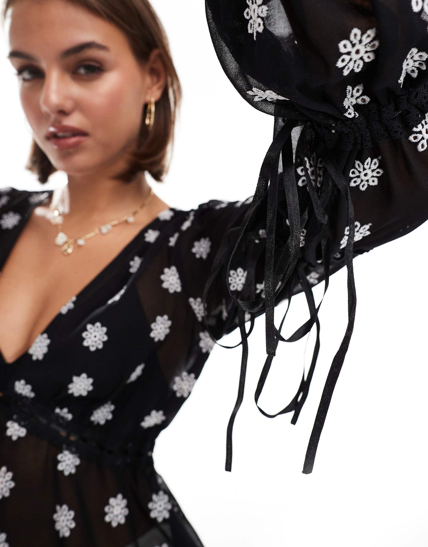 Embroidered Daisy Tie Front Blouse