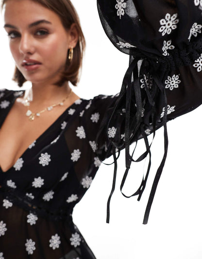 Embroidered Daisy Tie Front Blouse