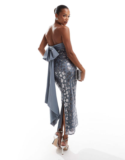 Floral Sequin Bandeau Pencil Midi Dress With Bow Back Sash Detail