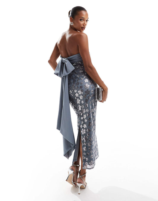 Floral Sequin Bandeau Pencil Midi Dress With Bow Back Sash Detail