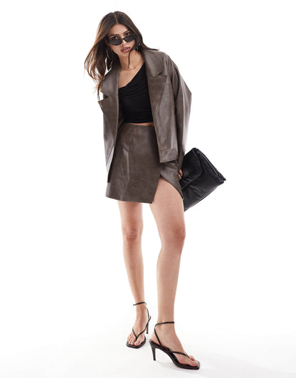 Leather Look Wrap Buckle Side Mini Skirt Co-Ord